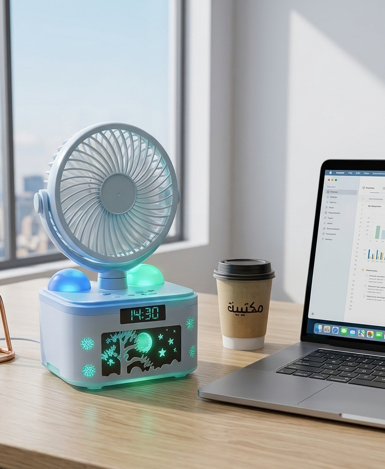 Ventilateur 4 en 1 avec Diffuseur d’Arôme, Horloge LED & Veilleuse