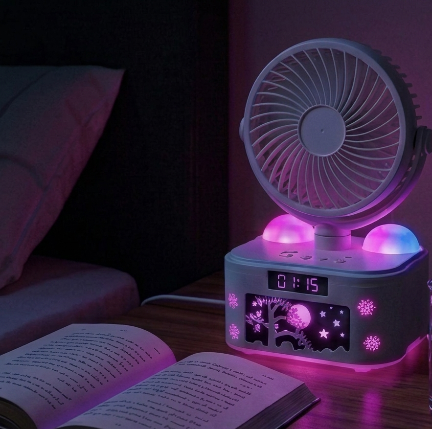 Ventilateur 4 en 1 avec Diffuseur d’Arôme, Horloge LED & Veilleuse