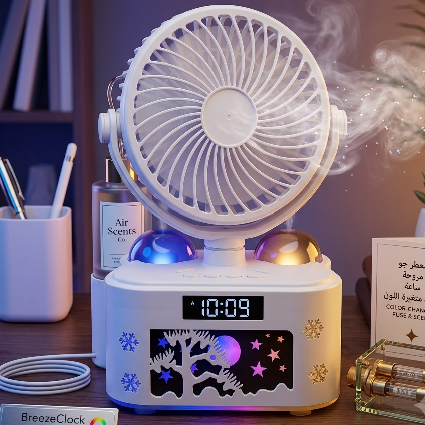 Ventilateur 4 en 1 avec Diffuseur d’Arôme, Horloge LED & Veilleuse