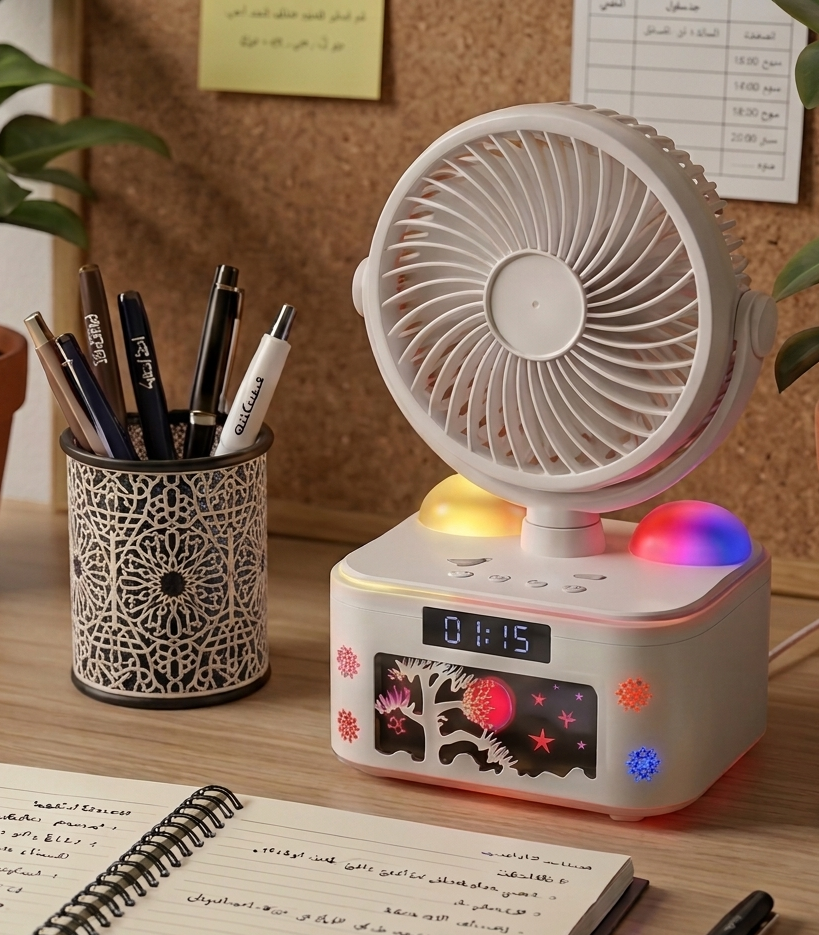Ventilateur 4 en 1 avec Diffuseur d’Arôme, Horloge LED & Veilleuse